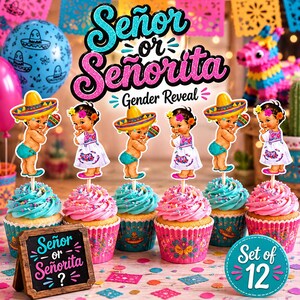 May include: A festive gender reveal party setup with cupcakes topped with baby-themed decorations. The cupcakes have pink and blue frosting, and the scene includes balloons, a pi&ntilde;ata, and a sign that says "Se&ntilde;or or Se&ntilde;orita?" Set of 12.