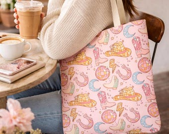 Disco Cowgirl Tote Bag, Pink Western Tote, Cute Cowgirl Aesthetic Bag, Nashville Bachelorette Tote, Girly Everyday Tote Bag