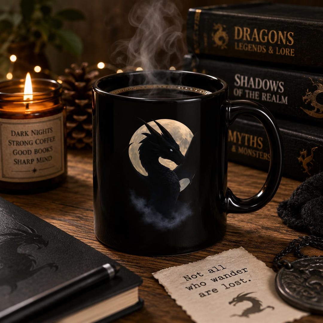 Moonlit Dragon Black Coffee Mug, Gothic Fantasy Art, Bookish Gift - Etsy