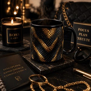 May include: A black coffee mug with a gold and black snakeskin design, placed on a black coaster. A lit candle with the text "BOSS LADY" is in the background, along with a notebook and a sign that says "FOCUS PLAN EXECUTE".