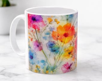Colorful Floral Mug, Chic Boutique Coffee Cup, Bright Aesthetic Mug, Feminine Gift Idea, Artistic Flower Mug, Cute Girly Mug