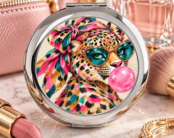 Leopard Print Compact Mirror, Glam Makeup Mirror, Colorful Cheetah Gift, Pink Bubblegum Leopard Purse Accessory