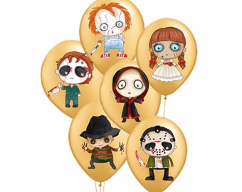 May include: Six gold balloons with different horror movie characters printed on them. The characters include Freddy Krueger, Jason Voorhees, Chucky, and others.