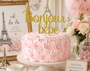 Bonjour Bebe Gold & Silver Cake Topper, Parisian Baby Shower