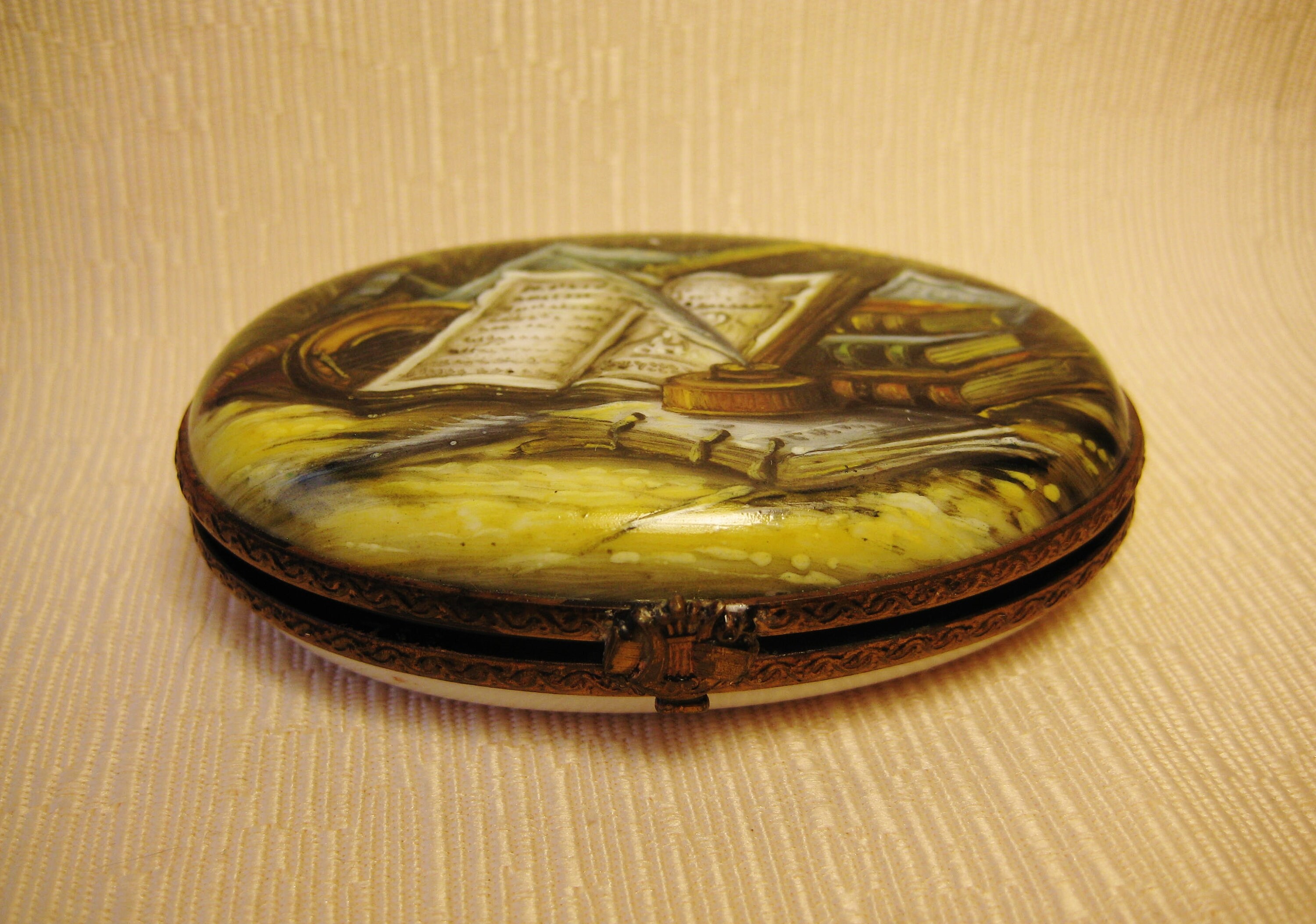 Limoges Porcelain Box in Miniature. Hand Painted. Medium Oval. Still Life With Books and Pen Etsy