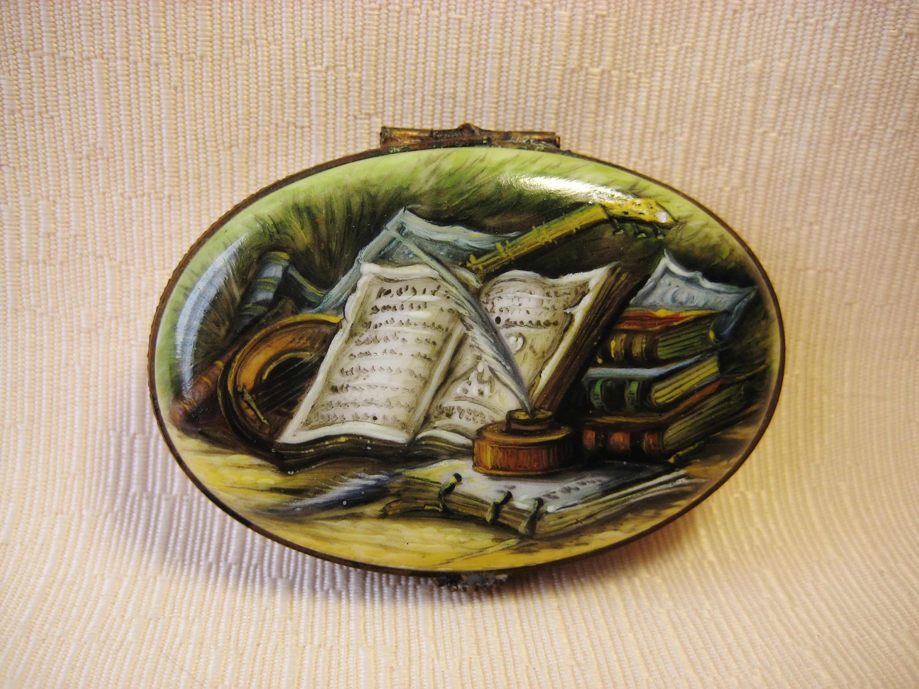 Limoges Porcelain Box in Miniature. Hand Painted. Medium Oval. Still Life With Books and Pen Etsy