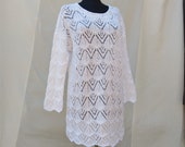 Little white dress, White lace dress, hand knitted long sleeve dress, Boho Short white dress for women, CUSTOM ORDER