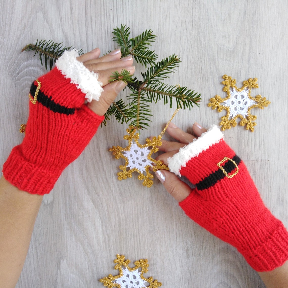 Christmas Fingerless Knit Gloves Santa Clasue Wrist Warmers Etsy