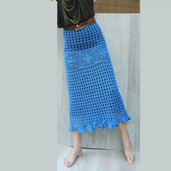 Blauwe Kant Maxi Rok Boho Rok Zomer Haak Lange Rok Etsy