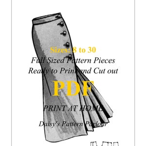 Puede incluir: Una ilustración en blanco y negro de un patrón de falda para las tallas 8 a 30. El texto "Full Sized Pattern Pieces Ready to Print and Cut out PDF PRINT AT HOME Daisy's Pattern Parlour" está impreso en amarillo sobre un fondo blanco.