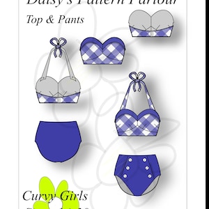 May include: A sewing pattern for a blue and white gingham top and trousers. The pattern is for sizes 14-30 and is called "Daisy's Pattern Parlour Top & Pants".
