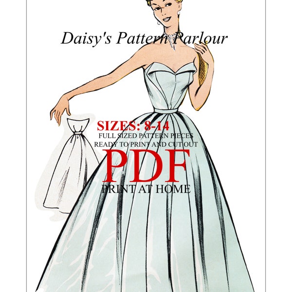 6417 PDF Vintage Sewing Pattern Dress Ball Gown Sz 8 to 14 Full Size Evening Eclair Coupe Paris Daisys Pattern Parlour 1940 1950 Wedding