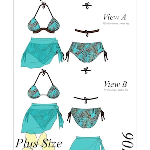 Könnte beinhalten: Ein Schnittmuster für einen Plus-Size-Badeanzug mit einem türkisfarbenen und braunen Druck. Das Schnittmuster enthält zwei Ansichten: eine mit dickeren Trägern und einem niedrigeren Beinausschnitt und eine mit dünneren Trägern und einem höheren Beinausschnitt. Das Schnittmuster ist für die Größen 14-30 und trägt die Bezeichnung "Daisy's Pattern Parlour" und "6706".