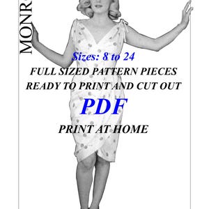 Może przedstawiać: Czarno-biała ilustracja kobiety w sukience w kropki. Obraz zawiera tekst "5559 MONROE Sizes: 8 to 24 FULL SIZED PATTERN PIECES READY TO PRINT AND CUT OUT PDF PRINT AT HOME".