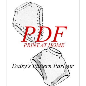 May include: A black and white illustration of two trouser patterns, labelled "Pant A" and "Pant B". The text "PDF PRINT AT HOME" and "Daisy's Pattern Parlour" are also included in the image.