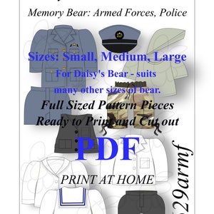 Op de afbeelding: Een printbaar PDF-patroon voor een teddybeer-outfit. Het patroon omvat verschillende maten, waaronder klein, middel en groot. Het patroon is ontworpen voor een teddybeer die een politie-, militaire of Royal Air Force-uniform draagt. Het patroon is klaar om te printen en uit te knippen. De tekst op de afbeelding luidt: "Daisy's Pattern Parlour Memory Bear: Armed Forces, Police Sizes: Small, Medium, Large For Daisy's Bear - suits many other sizes of bear. Full Sized Pattern Pieces Ready to Print and Cut out PDF PRINT AT HOME 6629armf"