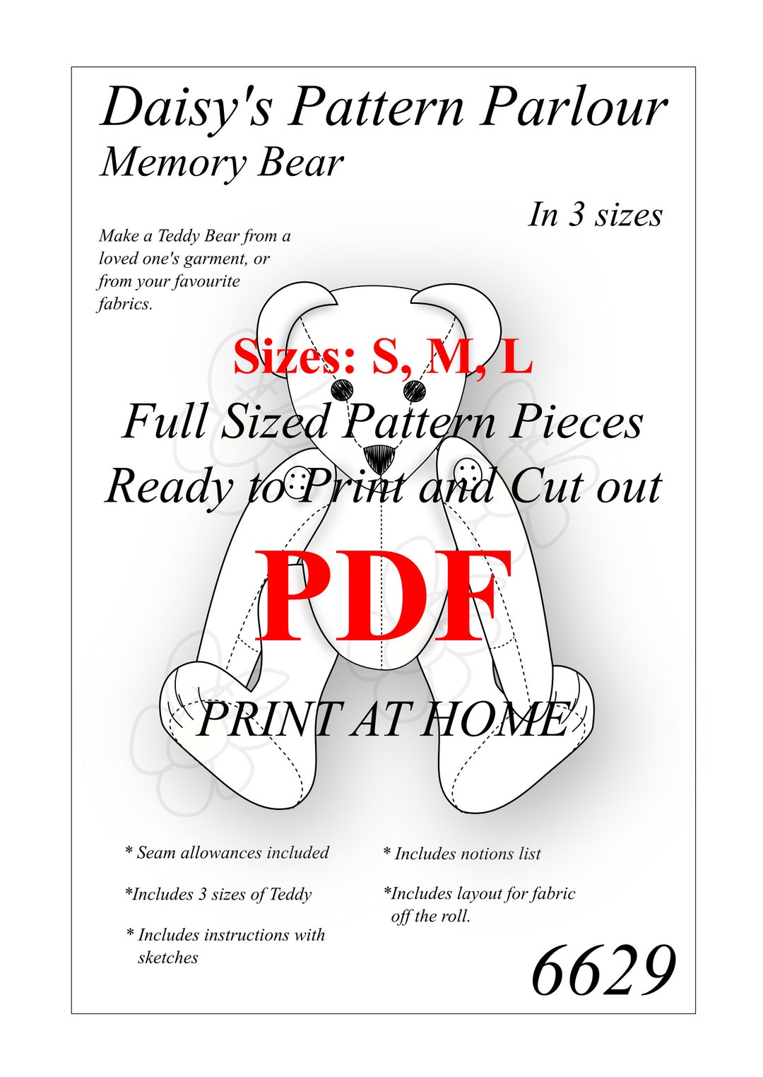 6629 PDF Memory Bear Sewing Pattern Teddy Keepsake Jointed Soft Toy ...
