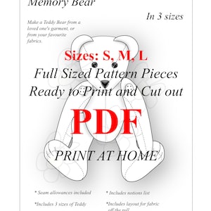 Può includere: Un disegno in bianco e nero di un modello di orsacchiotto di peluche da cucire. Il modello è disponibile in tre taglie: piccola, media e grande. Il testo "Sizes: S, M, L" è stampato in rosso. Il testo "Full Sized Pattern Pieces Ready to Print and Cut out PDF PRINT AT HOME" è anche stampato in rosso. Il testo "6629" è stampato in nero nella parte inferiore dell'immagine.