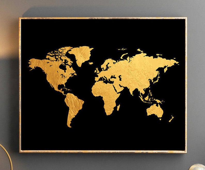 Gold World Map World Map Wall Art Gold World Map Poster Golden World