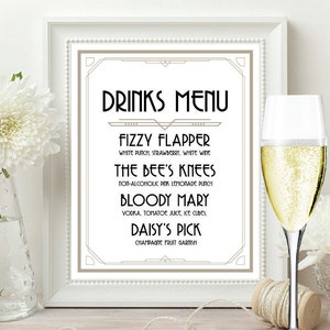 Drink Menu, drink menu sign, drinks menu, drinks menu sign, great gatsby drinks menu, art deco drink menu sign, gatsby drinks menu, bar menu