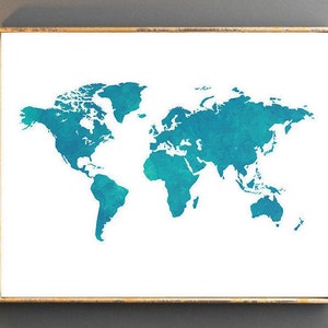 Carte du monde aquarelle, carte du monde, art mural, carte du monde, affiche, carte du monde bleue, papier peint à l'aquarelle, grande carte du monde, carte aquarelle turquoise, bleu marine