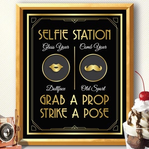 Photo booth, photo booth sign, selfie station sign, grab a prop and strike a pose sign, art deco photo booth, great gatsby photo booth sign image 1