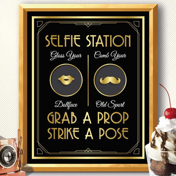 Photo booth, photo booth sign, selfie station sign, grab a prop and strike a pose sign, art deco photo booth, great gatsby photo booth sign