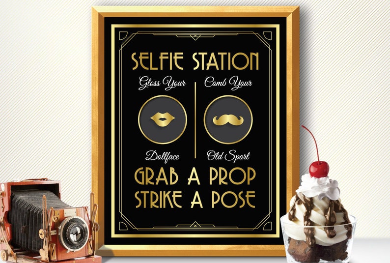 Photo booth, photo booth sign, selfie station sign, grab a prop and strike a pose sign, art deco photo booth, great gatsby photo booth sign image 1