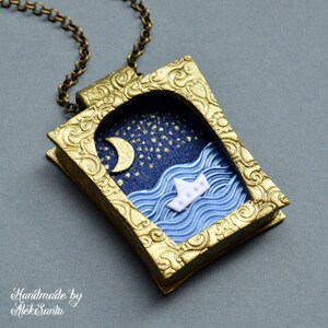 Blue and Gold Celestial Sea Pendant Necklace: Unusual 3D Nautical Jewelry
