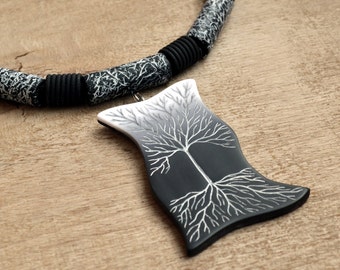 Tribal necklace Tribal jewelry Black and white Tree necklace Mother gift Statement jewelry Polymer clay jewelry for women Unusual jewelry