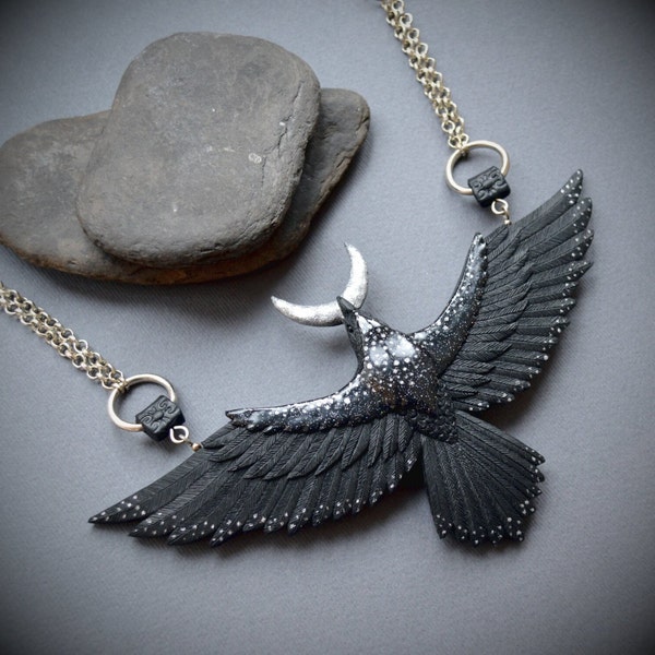 Black and silver raven bib necklace Fantasy stars and crescent moon bird Statement polymer clay jewelry for women Gothic crow necklace Gift