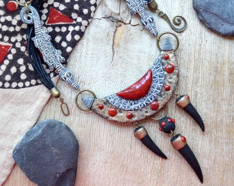 Black, red, bronze tribal necklace Wild animal African crocodile jewelry Polymer clay statement, unique and unusual necklace for women Gift