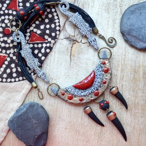 Black, red, bronze tribal necklace Wild animal African crocodile jewelry Polymer clay statement, unique and unusual necklace for women Gift