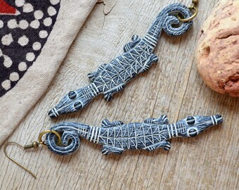 Long tribal African crocodiles earrings in black and beige colors Unique and unusual polymer clay jewelry piece Statement boho animal