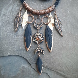 Triple Moon and black feathers statement necklace Pagan / wiccan / witch feminine jewelry