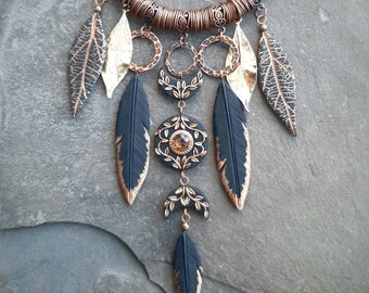 Triple Moon and black feathers statement necklace Pagan / wiccan / witch feminine jewelry