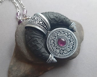 Black and silver colored crescent moon pendant necklace with natural amethyst stone February birthstone gift for women Polymer clay jewelry