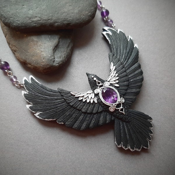 Black raven crow necklace Amethyst flying bird necklace Halloween Gothic statement jewelry for women