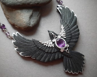 Black raven crow necklace Amethyst flying bird necklace Halloween Gothic statement jewelry for women