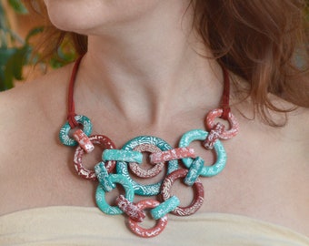 Chunky chain necklace Oversized linked statement necklace for women Red and teal colorful unusual contemporary polymer clay jewelry