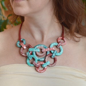 Chunky chain necklace Oversized linked statement necklace for women Red and teal colorful unusual contemporary polymer clay jewelry