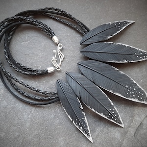 Black raven feather necklace Large statement polymer clay jewelry for women Gothic Halloween crow necklace