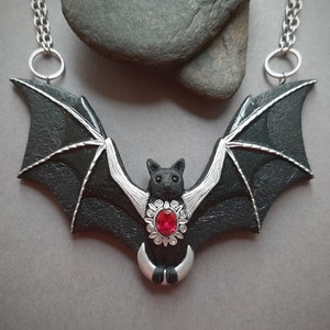 Bat necklace with crescent moon and ruby Halloween black Gothic flying bat jewelry Statement necklace for women image 1