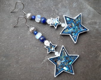 Star abalone shell earrings Lapis lazuli moonstone and haliotis paua jewelry for women Statement shiny unusual earrings Unique gift for her