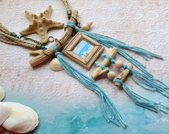 Long sea pendant necklace with beige and light blue miniature seashore landscape Statement boho polymer clay jewelry Unique gift for woman