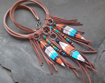 Southwestern orange and blue feathers long fringe necklace Statement boho hippie necklace Unique jewelry for women