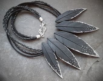 Black raven feather necklace Large statement polymer clay jewelry for women Gothic Halloween crow necklace