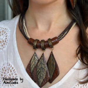 Statement jewelry set Necklace and earings Polymer clay jewelry for women Brown jewelry Earth tone Autumn leaves Autumn jewelry Fall leaves image 4