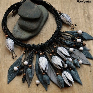 Black White Autumn Leaf Jewelry Set - Fall Wedding Polymer Clay Necklace & Dangle Earrings Gift