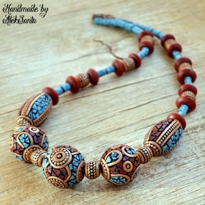 Tibetan blue and red beaded necklace Statement Polymer clay jewelry for women Large summer necklace Unique boho jewelry